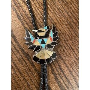 VTG Zuni THUNDERBIRD NATIVE AMERICAN BOLO TIE-TURQUOISE Onyx Sterling MOP Coral